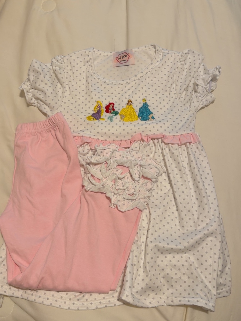Girls White Polka Dot Top & Pink Leggings Set - Princess Embroidered
